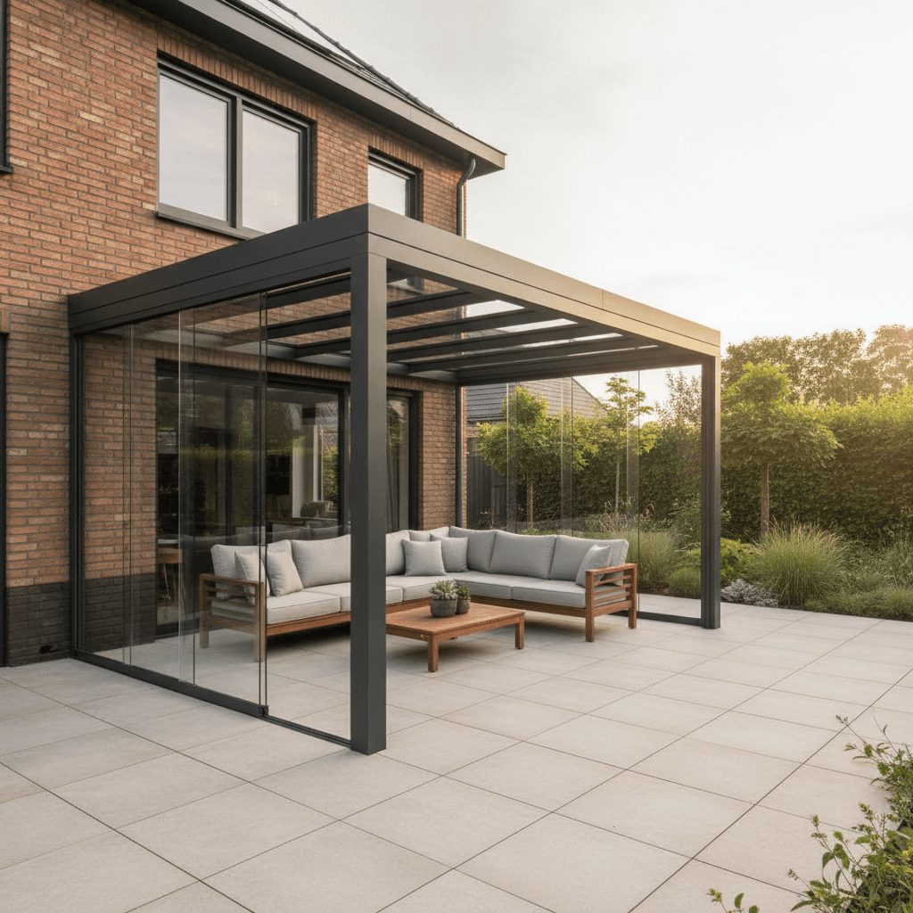 Antraciet aluminium veranda met glazen schuifwanden aan een moderne woning