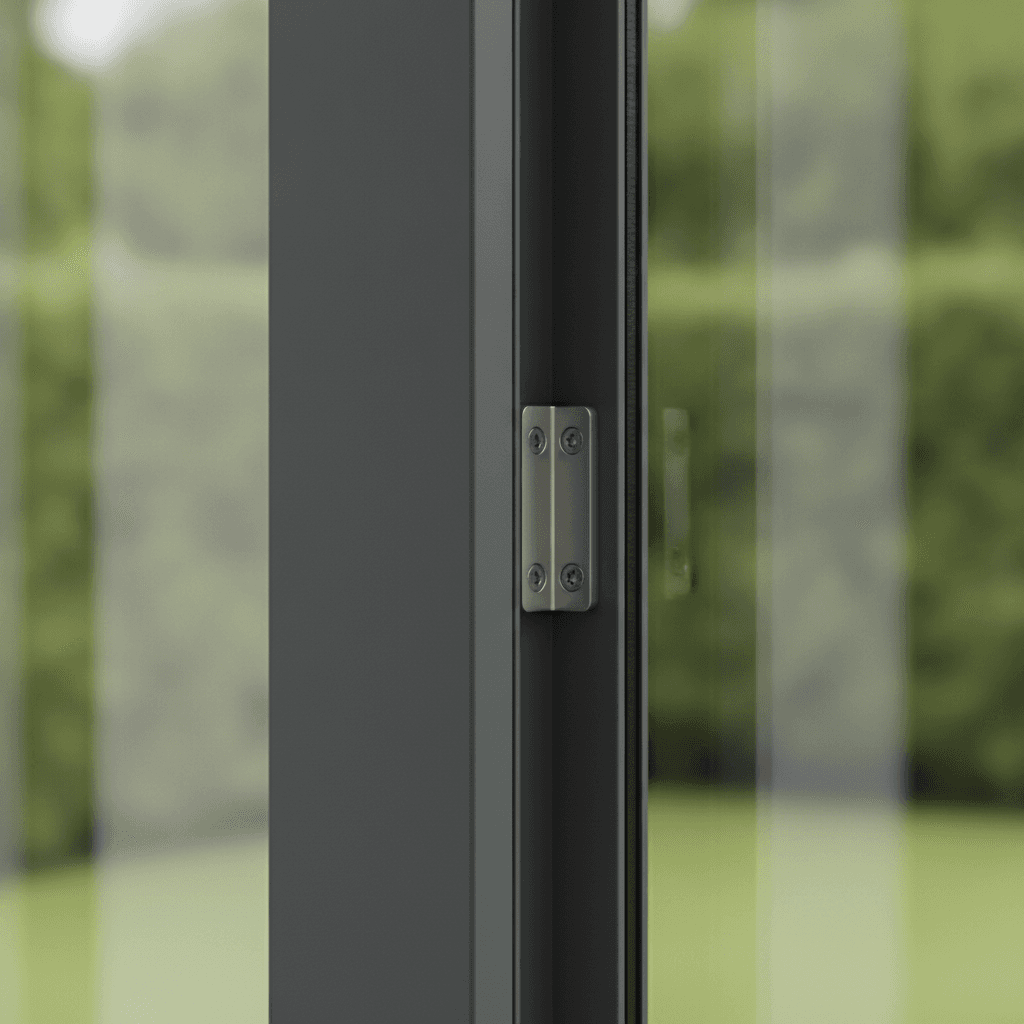 Detail van een strak afgewerkte antraciet aluminium verandaconstructie